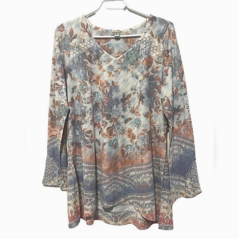 One World Live And Let Live Large Earth Tone Floral Long Sleeve Comfy Top Large